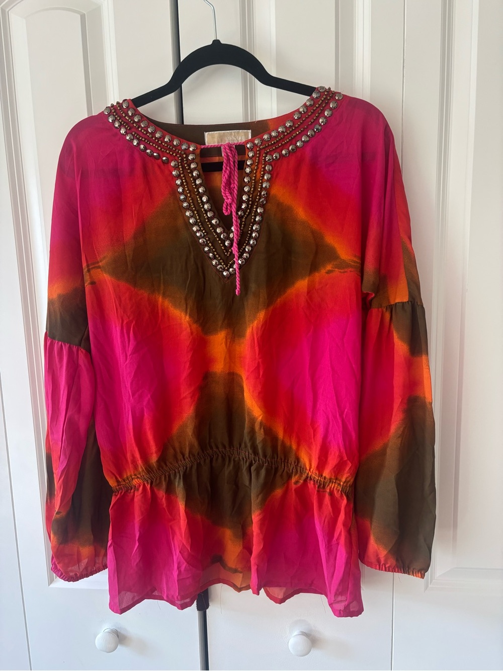 Michael Kors Embellished Boho Tie-Dye Peasant Tunic in Hot Pink & Orange